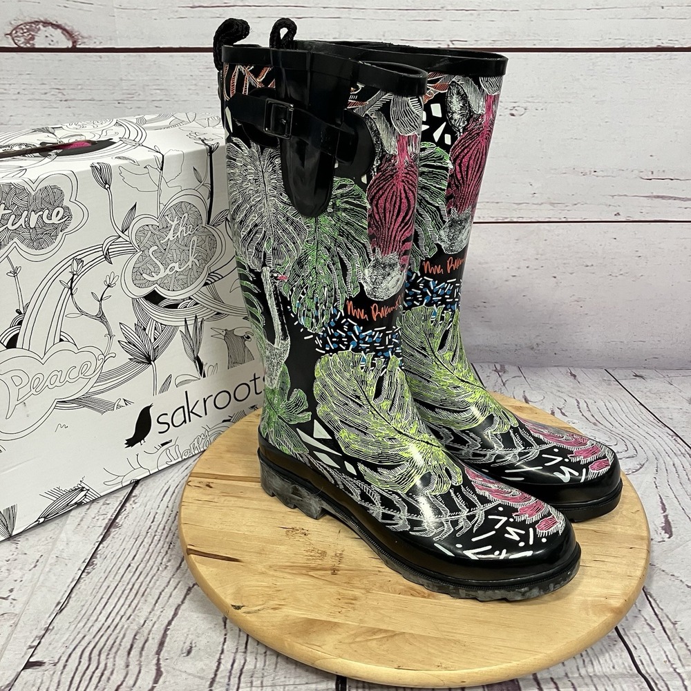 Sakroots Rhythm Rain Boots Black Floral Zebra Tall Womens Size 9 Festival Art
